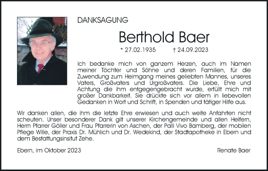 Anzeige von Berthold Baer von MGO