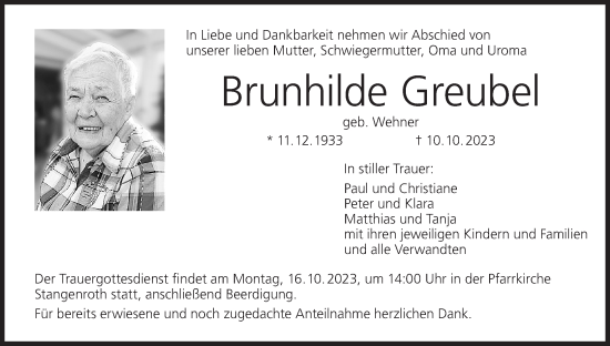 Anzeige von Brunhilde Greubel von MGO