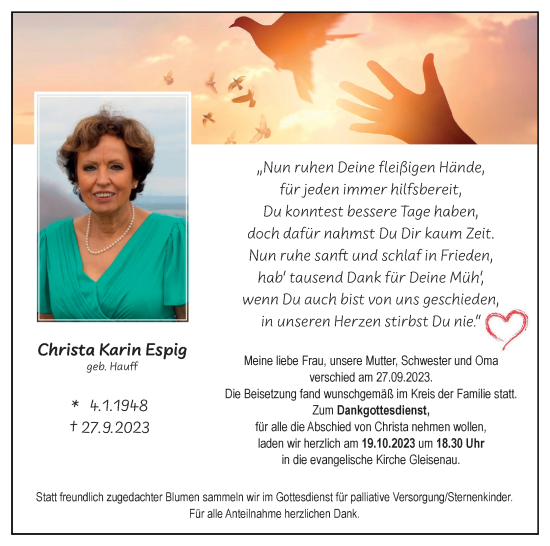 Anzeige von Christa Karin Espig von MGO