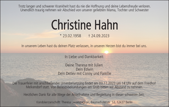 Anzeige von Christine Hahn von MGO