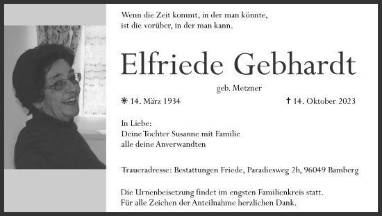 Anzeige von Elfriede Gebhardt von MGO