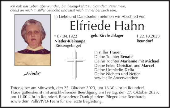Anzeige von Elfriede Hahn von MGO