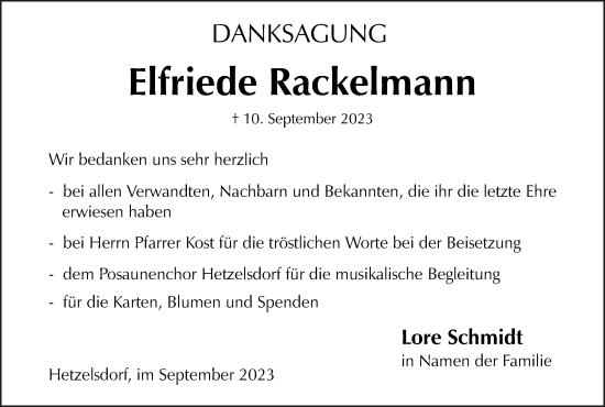 Anzeige von Elfriede Rackelmann von MGO
