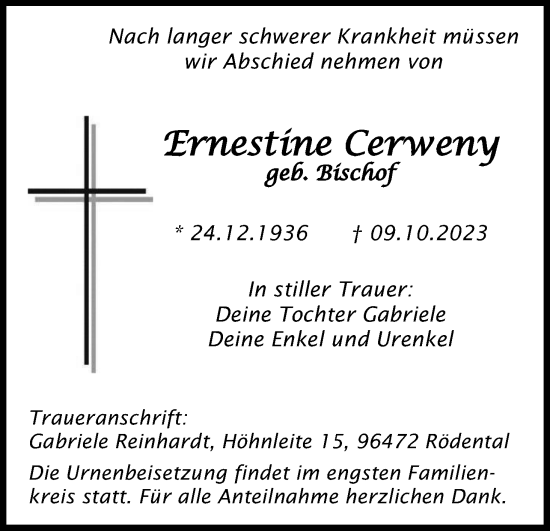 Anzeige von Ernestine Cerweny von MGO