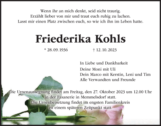 Anzeige von Friederika Kohls von MGO