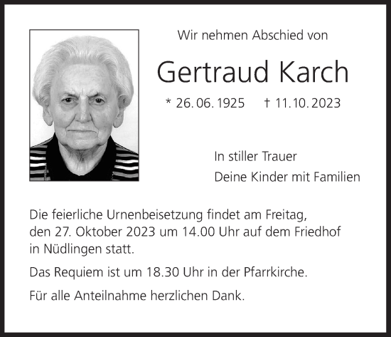 Anzeige von Gertraud Karch von MGO