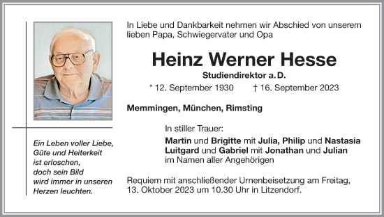 Anzeige von Heinz Werner Hesse von MGO