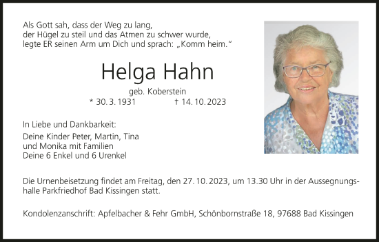 Anzeige von Helga Hahn von MGO