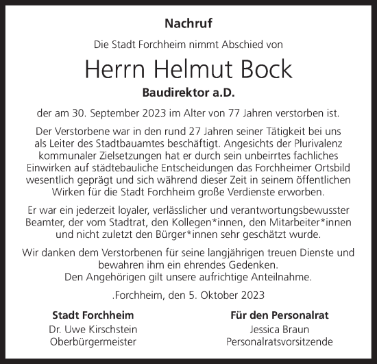 Anzeige von Helmut Bock von MGO