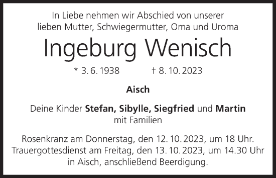Anzeige von Ingeburg Wenisch von MGO