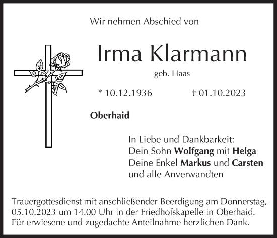 Anzeige von Irma Klarmann von MGO