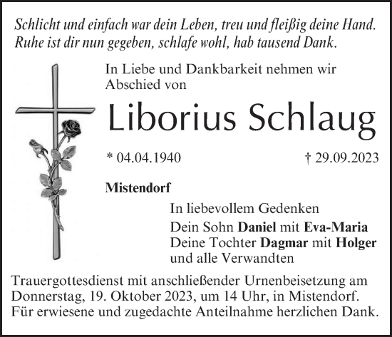 Anzeige von Liborius Schlaug von MGO