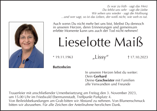 Anzeige von Lieselotte Maiß von MGO