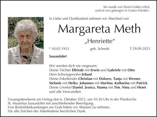 Anzeige von Margareta Meth von MGO