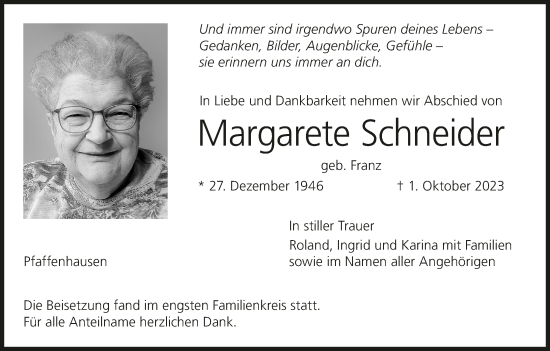 Anzeige von Margarete Schneider von MGO