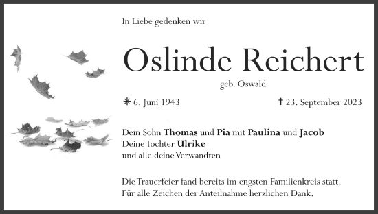 Anzeige von Oslinde Reichert von MGO