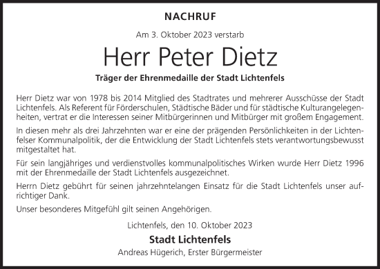 Anzeige von Peter Dietz von MGO