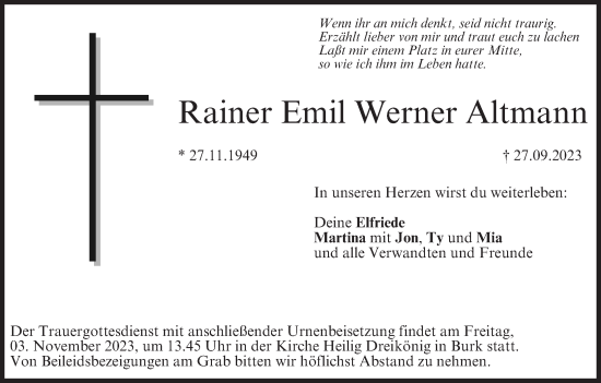 Anzeige von Rainer Emil Werner Altmann von MGO