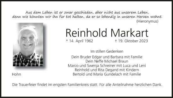 Anzeige von Reinhold Markart von MGO