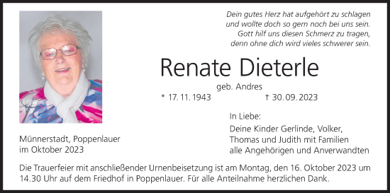 Anzeige von Renate Dieterle von MGO