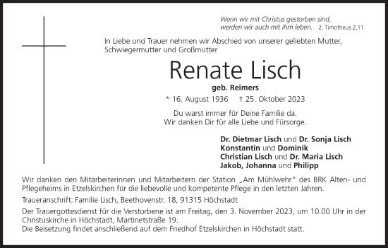 Anzeige von Renate Lisch von MGO
