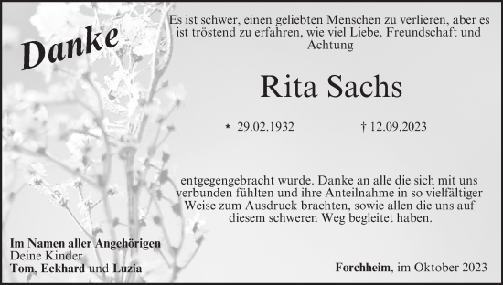 Anzeige von Rita Sachs von MGO