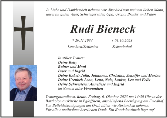 Anzeige von Rudi Bieneck von MGO