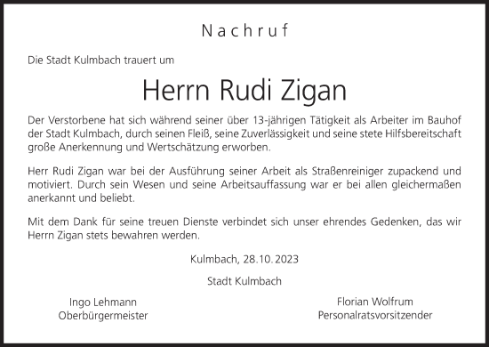 Anzeige von Rudi Zigan von MGO