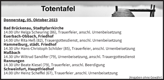 Anzeige von Totentafel vom 05.10.2023 von MGO
