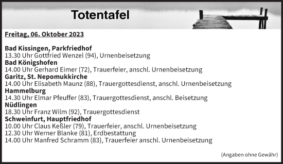 Anzeige von Totentafel vom 06.10.2023 von MGO