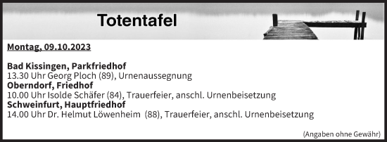 Anzeige von Totentafel vom 09.10.2023 von MGO
