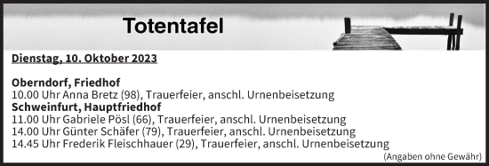 Anzeige von Totentafel vom 10.10.2023 von MGO