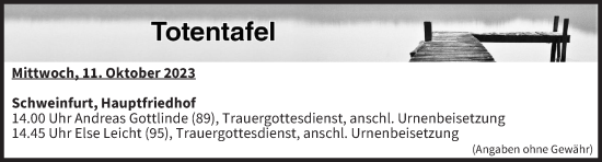 Anzeige von Totentafel vom 11.10.2023 von MGO
