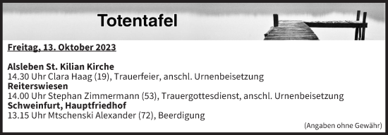 Anzeige von Totentafel vom 13.10.2023 von MGO