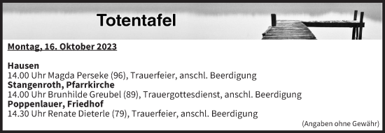 Anzeige von Totentafel vom 16.10.2023 von MGO