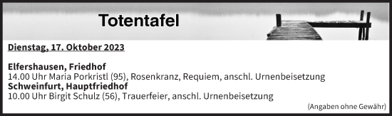 Anzeige von Totentafel vom 17.10.2023 von MGO