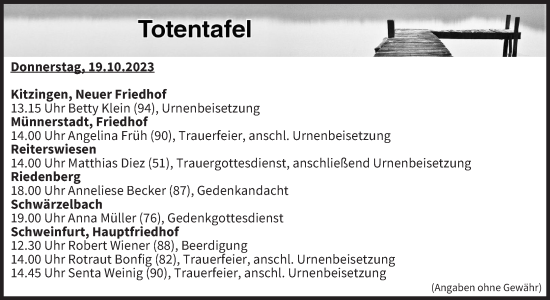 Anzeige von Totentafel vom 19.10.2023 von MGO