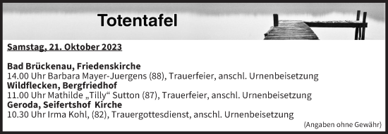 Anzeige von Totentafel vom 21.10.2023 von MGO