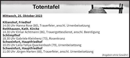 Anzeige von Totentafel vom 25.10.2023 von MGO