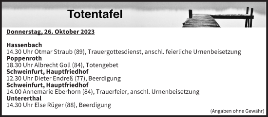 Anzeige von Totentafel vom 26.10.2023 von MGO