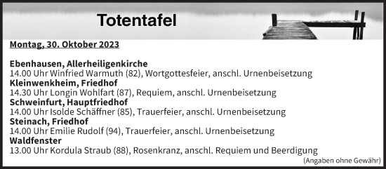 Anzeige von Totentafel vom 30.10.2023 von MGO