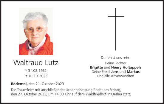 Anzeige von Waltraud Lutz von MGO