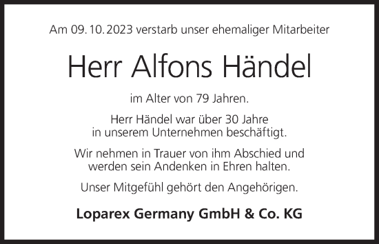 Anzeige von Alfons Händel von MGO