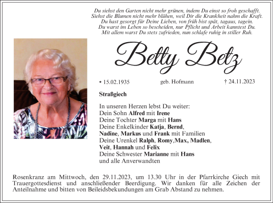Anzeige von Betty Betz von MGO
