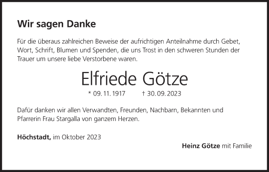 Anzeige von Elfriede Götze von MGO