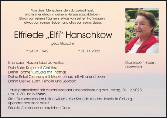 Anzeige von Elfriede  Hanschkow von MGO