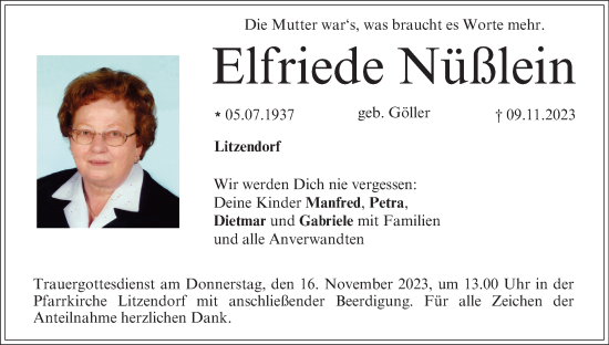 Anzeige von Elfriede Nüßlein von MGO
