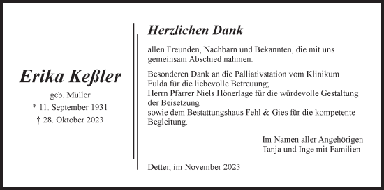 Anzeige von Erika Keßler von MGO