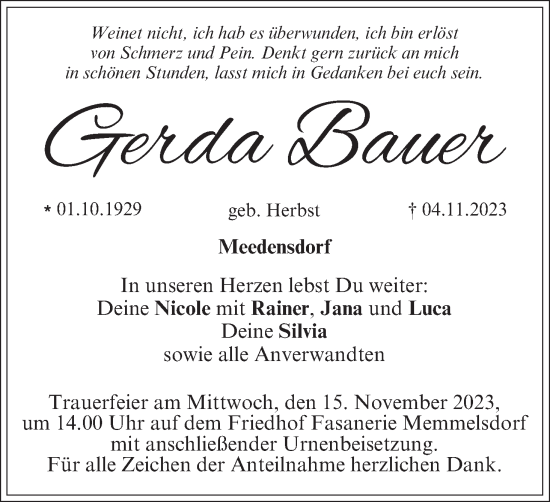Anzeige von Gerda Bauer von MGO