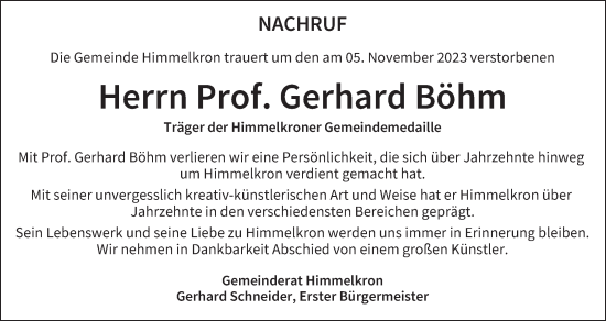 Anzeige von Gerhard Böhm von MGO